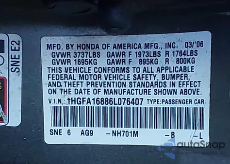 2006 Honda Civic Ex из США, поврежденный, VIN 1HGFA16886L076407